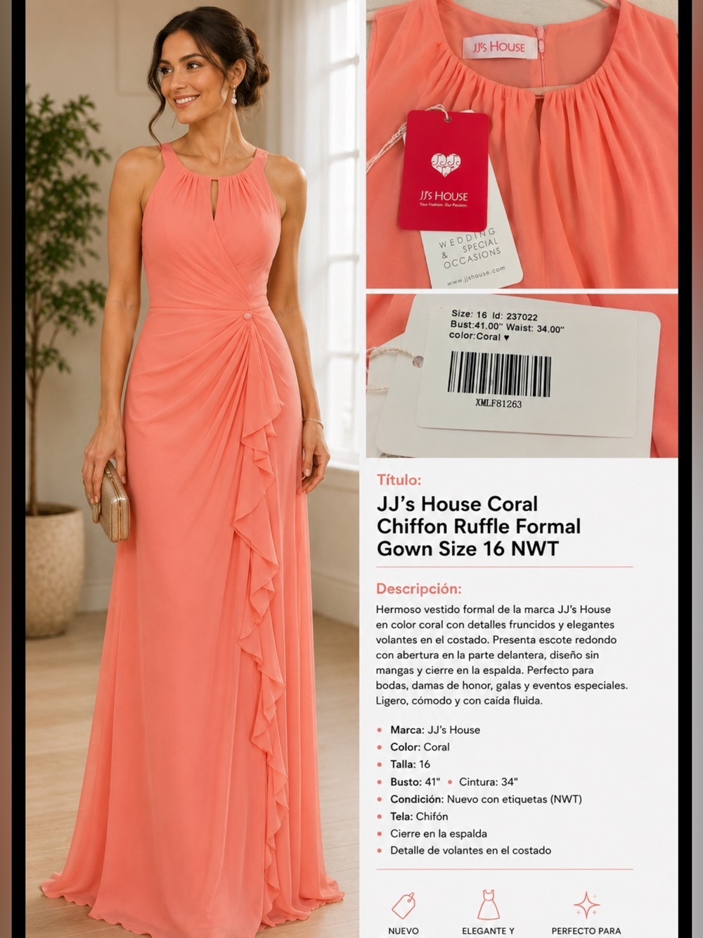 JJ’s House Coral Chiffon Ruffle Formal Gown Size 16 NWT